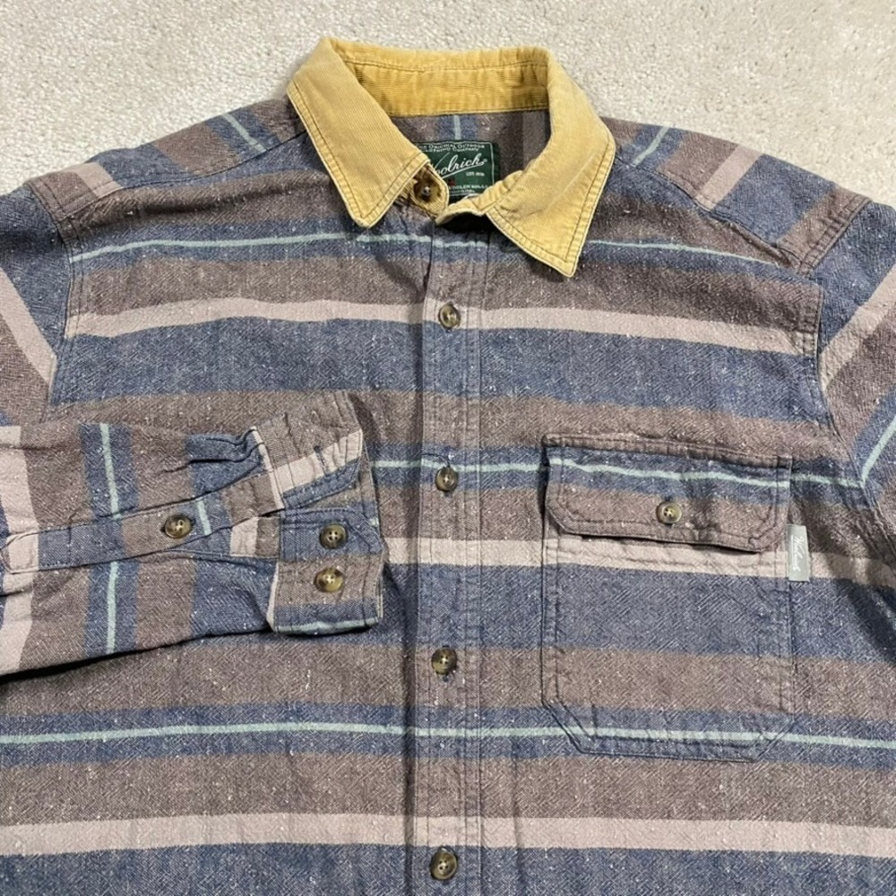 VTG Woolrich Flannel Shirt Mens L Blue Brown Striped Corduroy Collar Button Down